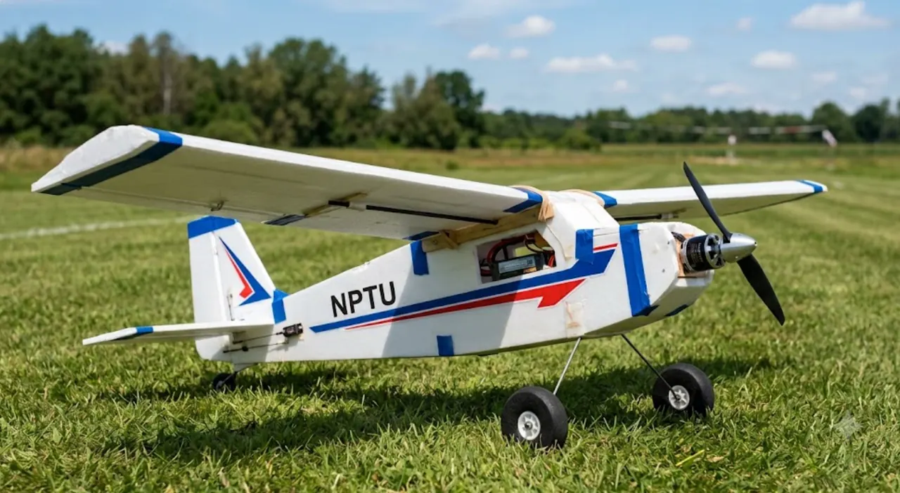 以 foam / KT 板製作的 RC 高翼無人機實拍照片，白色機身，藍紅色條紋，高翼配置，前方無刷馬達與螺旋槳，側面可見 NPTU 字樣。